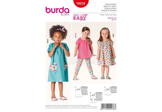 Strih Burda 9438 - Detské jednoduché šaty