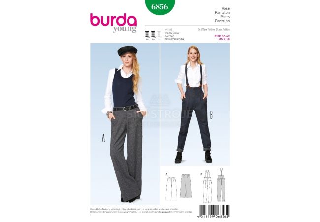 Strih Burda 6856 - Široké nohavice Marlene, nohavice s vysokým pásom, nohavice s traky