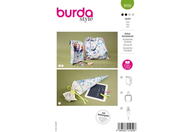 Strih Burda 9200 - Detský školský program: peračník, vrece na telocvik a školský kužeľ