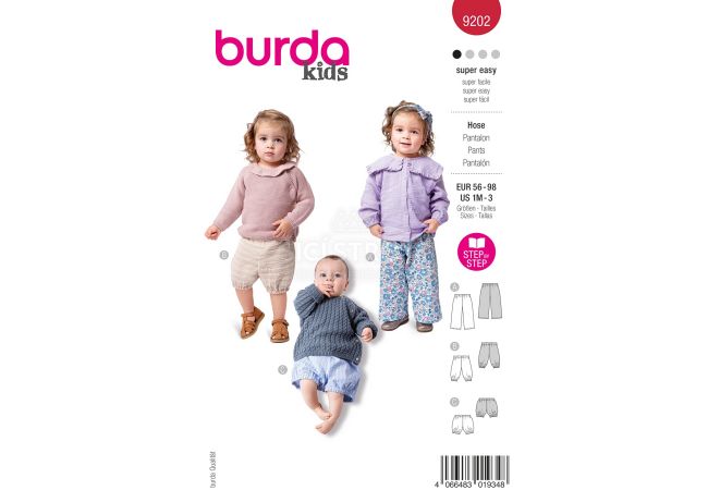 Strih Burda 9202 - Detské bavlnené nohavice a kraťasy s elastickým pásom