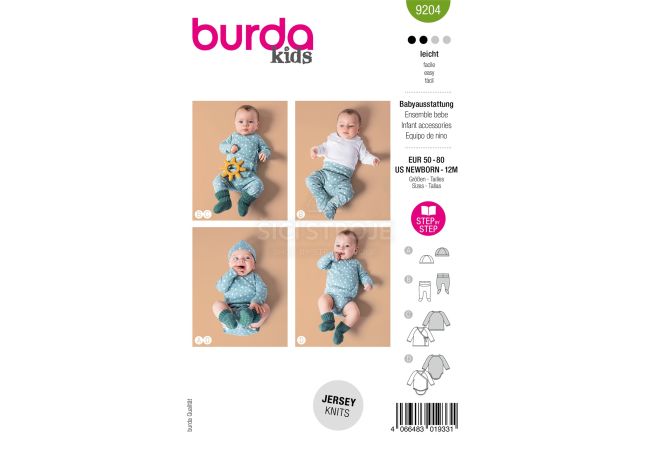 Strih Burda 9204 - Detská čiapka, nohavice a zavinovacia mikina