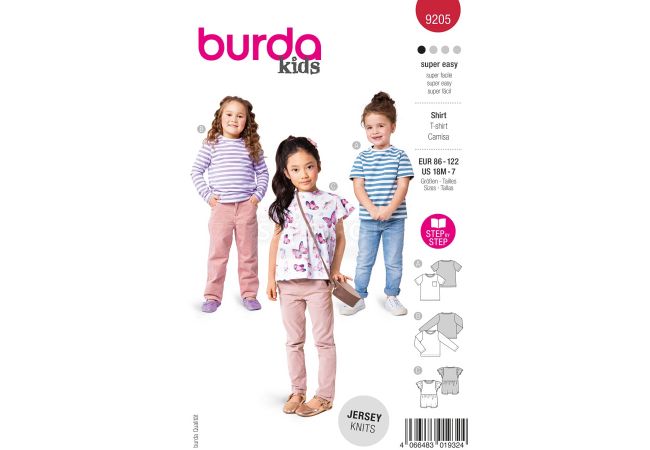 Strih Burda 9205 - Dievčenské košele s vreckami a volánikmi