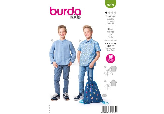 Strih Burda 9209 - Chlapčenské tričko so stojačikom a košeľa s krátkym rukávom a náprsným vreckom