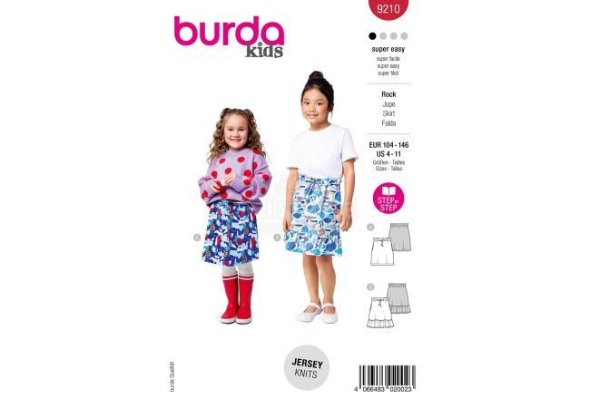 Strih Burda 9210 - Dievčenské minisukne so sťahovacou šnúrkou v páse