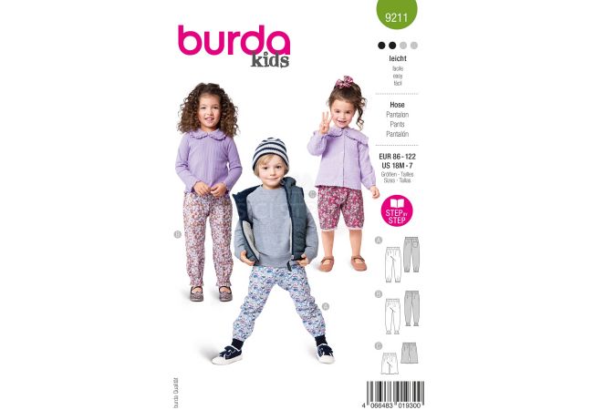 Strih Burda 9211 - Detské tepláky s elastickým pásom a kraťasy s lemovaním
