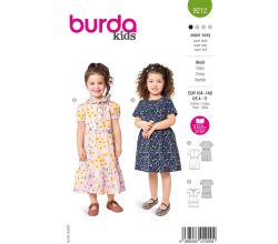Strih Burda 9212 - Dievčenské šaty s volánikovou sukňou, golierom Peter Pan a volánikmi