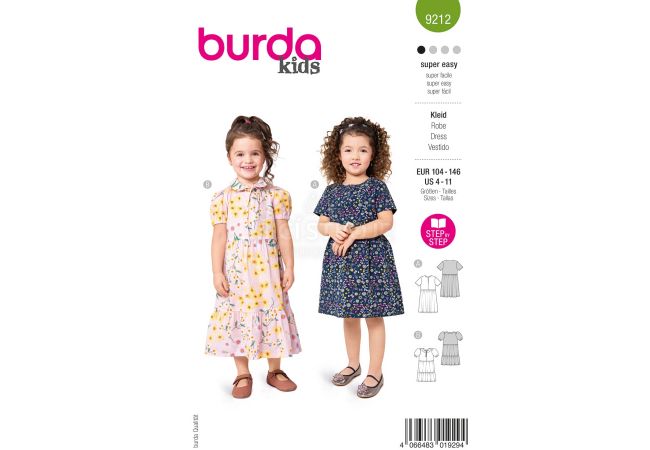 Strih Burda 9212 - Dievčenské šaty s volánikovou sukňou, golierom Peter Pan a volánikmi