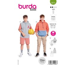 Strih Burda 9213 - Detská mikina s farebnými blokmi, chlopňami na vreckách a kapucňou