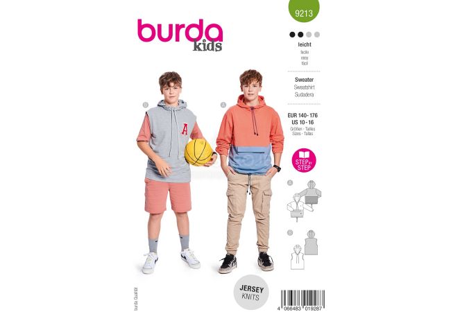 Strih Burda 9213 - Detská mikina s farebnými blokmi, chlopňami na vreckách a kapucňou