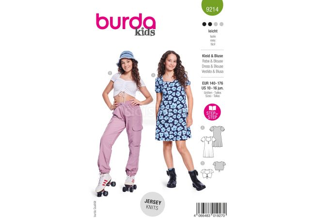 Strih Burda 9214 - Dievčenské šaty so srdiečkovým výstrihom a objemnými nafúkanými rukávmi