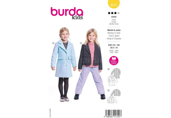 Strih Burda 9215 - Dievčenské kabát a športové sako z buklé