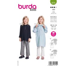 Strih Burda 9216 - Dievčenské šaty s mašľou a blúzka s golierom Peter Pan
