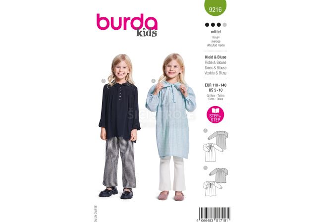 Strih Burda 9216 - Dievčenské šaty s mašľou a blúzka s golierom Peter Pan