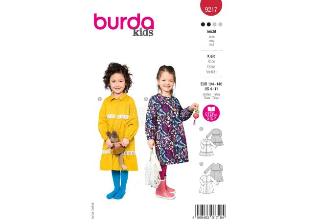 Strih Burda 9217 - Dievčenské šaty s XXL lemom, volánikmi a dlhými rukávmi