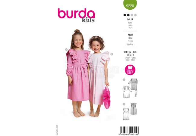 Strih Burda 9220 - Dievčenské slávnostné šaty s volánikmi