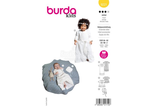 Strih Burda 9221 - Detské krstinové šaty a čiapky