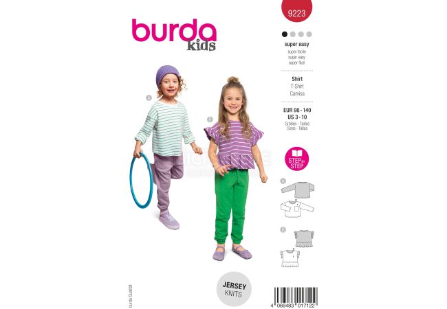 Strih Burda 9223 - Detské tričko s krátkym rukávom s volánikmi a pruhovaná mikina