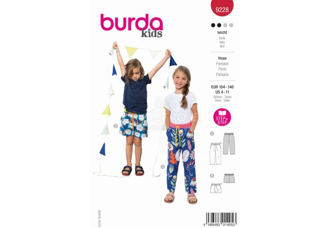 Strih Burda 9228 - Nohavice s gumou v páse pre dievčatá a chlapcov, tepláčky, šortky