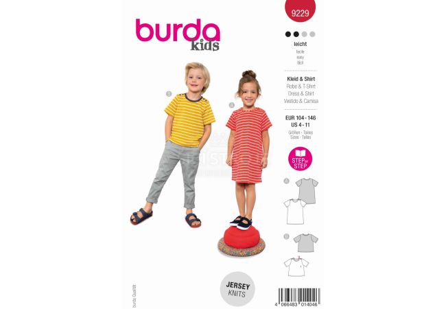 Strih Burda 9229 - Tričkové šaty, tričko pre dievčatá a chlapcov