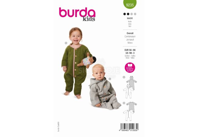 Strih Burda 9235 - Overal, kombinéza pre bábätká