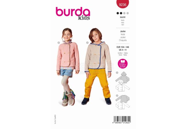 Strih Burda 9236 - Kabátik s kapucňou pre dievčatá a chlapcov