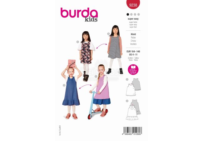 Strih Burda 9238 - Áčkové šaty pre dievčatá