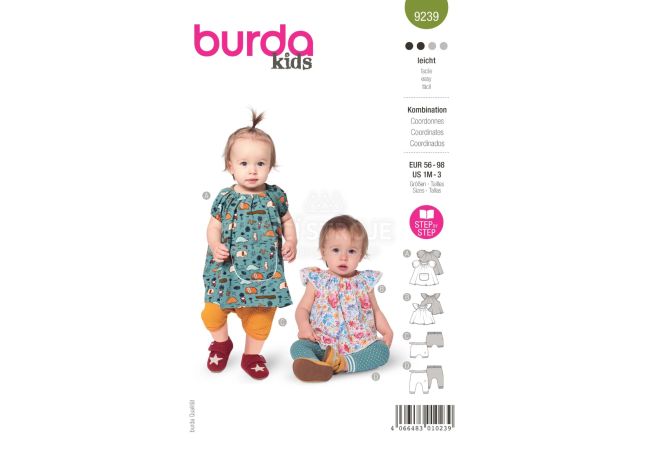 Strih Burda 9239 - Detské šaty, blúzka a tepláčiky