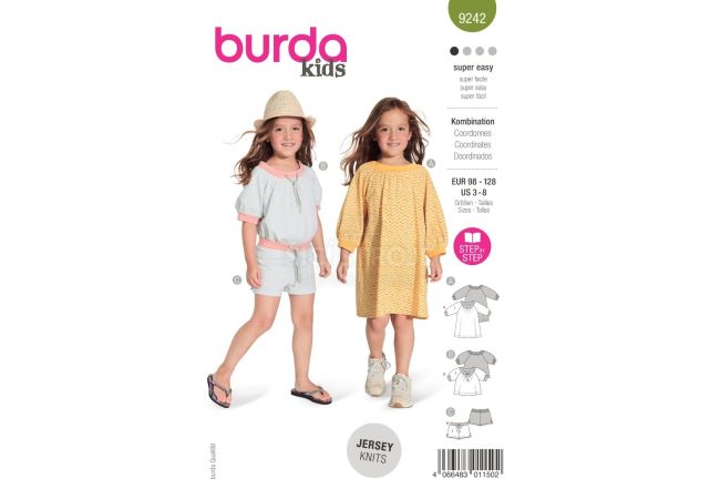 Strih Burda 9242 - Voľné šaty, tričko a šortky pre dievčatá