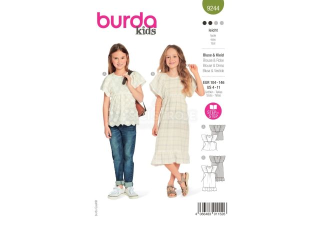 Strih Burda 9244 - Voľné empírové šaty, blúzka pre dievčatá