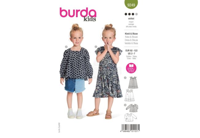 Strih Burda 9249 - Naberané šaty a blúzka pre dievčatá