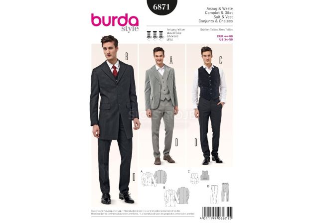 Strih Burda 6871 - Pánsky oblek - sako, vesta, nohavice s pukmi
