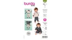 Strih Burda 9257 - Zavinovacie tričko, tepláčky, čelenka a capáčky