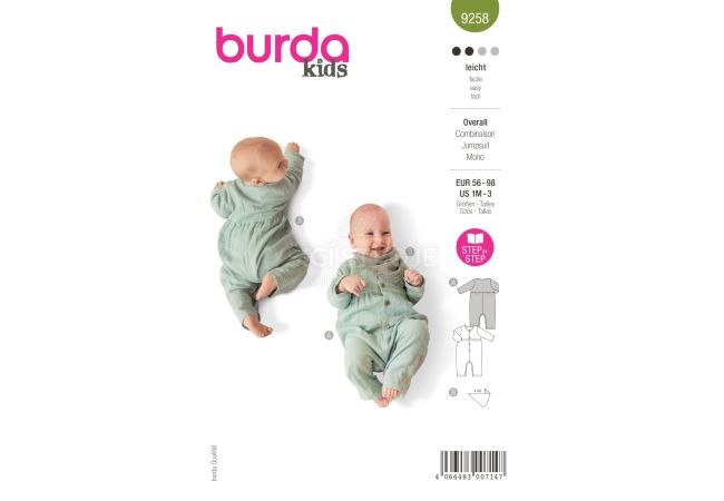 Strih Burda 9258 - Overal so zapínaním na patentky na nohaviciach