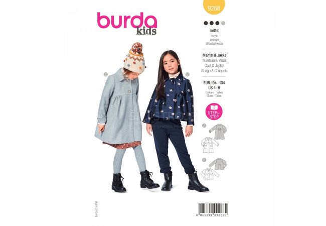 Strih Burda 9268 - Dievčenské kabátik v dvojakom prevedení