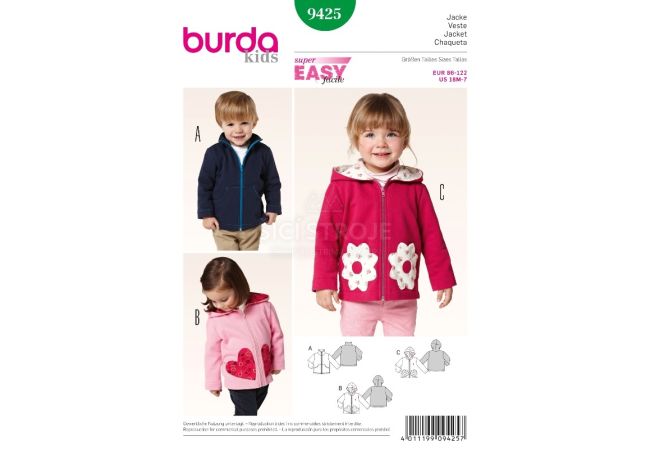 Strih Burda 9425 - Detská mikina na zips s kapucňou, bunda