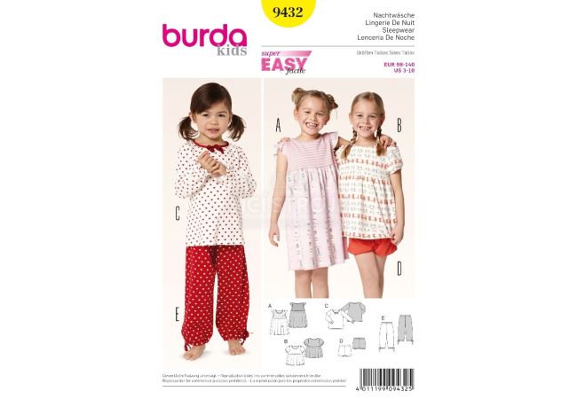 Strih Burda 9432 - Detské pyžamo, nočné košele