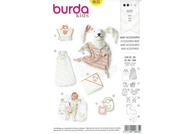 Strih Burda 9635 - Spací vak, deka, dojčiaci vankúš, podbradníky, maňuška