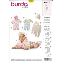 Strih Burda 9636 - Kabátik s kapucňou, mikinka, tepláčky, dupačky, čiapočka