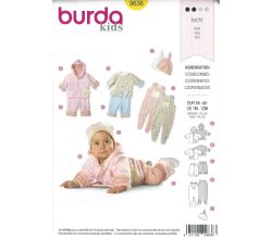 Strih Burda 9636 - Kabátik s kapucňou, mikinka, tepláčky, dupačky, čiapočka