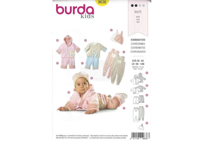 Strih Burda 9636 - Kabátik s kapucňou, mikinka, tepláčky, dupačky, čiapočka