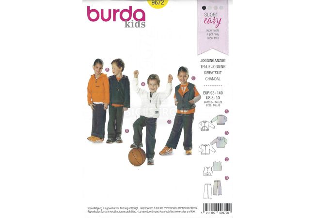 Strih Burda 9672 - Mikina, mikina s kapucňou, vestička, tepláky