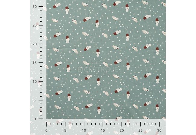 Cotton Poplin Print - Snowman, Dark Dusty Mint