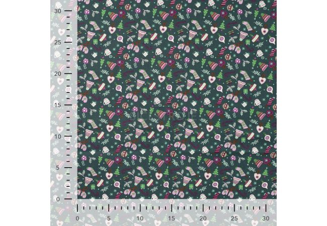 Cotton Poplin Print - Christmas Elements, Army