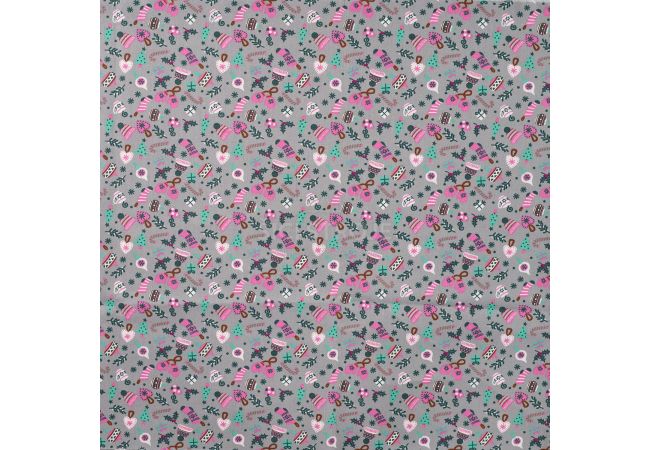 Cotton Poplin Print - Christmas Elements, Mid Grey