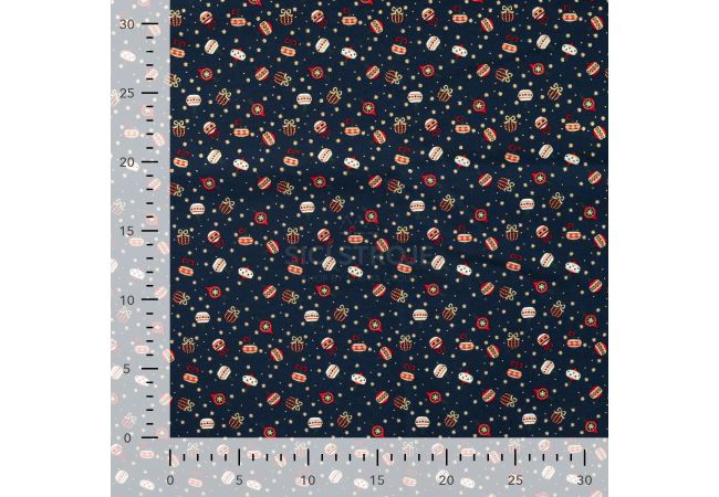 Cotton Poplin Foil Print - Ornaments, Navy