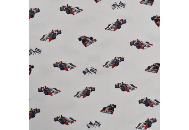 Cotton/EA Jersey Print - Race Cars, Off White