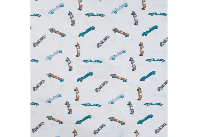 Cotton/EA Jersey Print - Vintage Race Cars, Off White