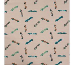 Cotton/EA Jersey Print - Vintage Race Cars, Sand