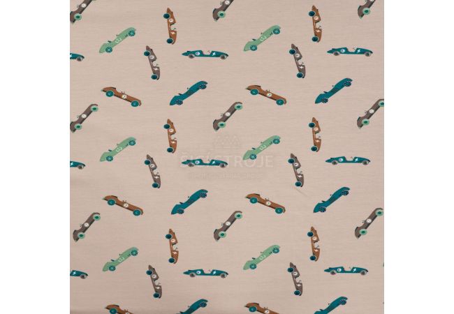 Cotton/EA Jersey Print - Vintage Race Cars, Sand