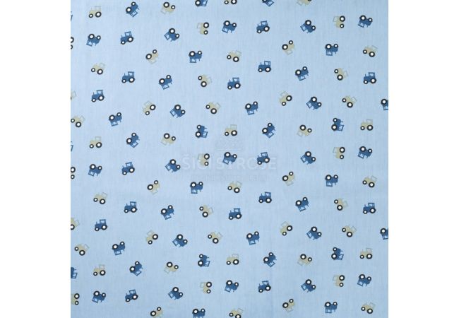 Cotton Poplin Print - Tractor, Baby Blue